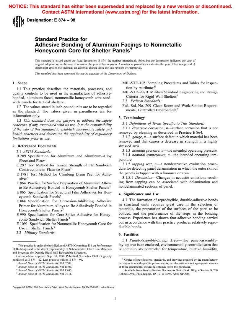 ASTM E874-98 - Standard Practice for Adhesive Bonding of Aluminum Facings to Nonmetallic Honeycomb Core for Shelter Panels