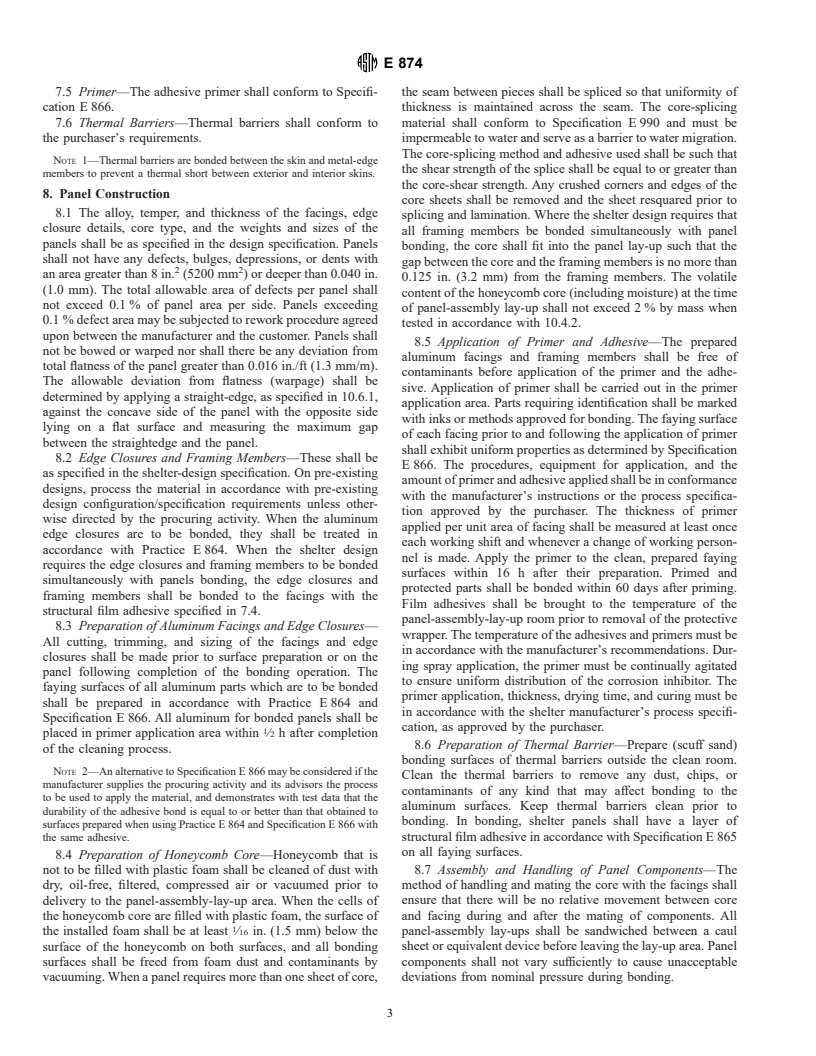 ASTM E874-98 - Standard Practice for Adhesive Bonding of Aluminum Facings to Nonmetallic Honeycomb Core for Shelter Panels