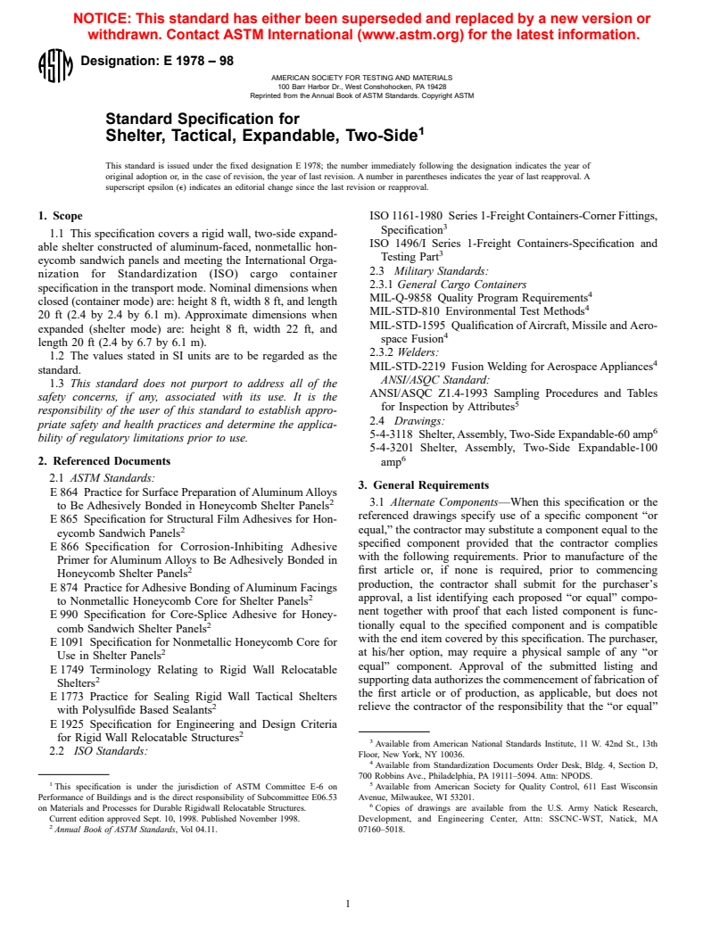 ASTM E1978-98 - Standard Specification for Shelter, Tactical, Expandable, Two-Side