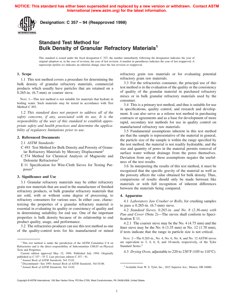 ASTM C357-94(1998) - Standard Test Method for Bulk Density of Granular Refractory Materials