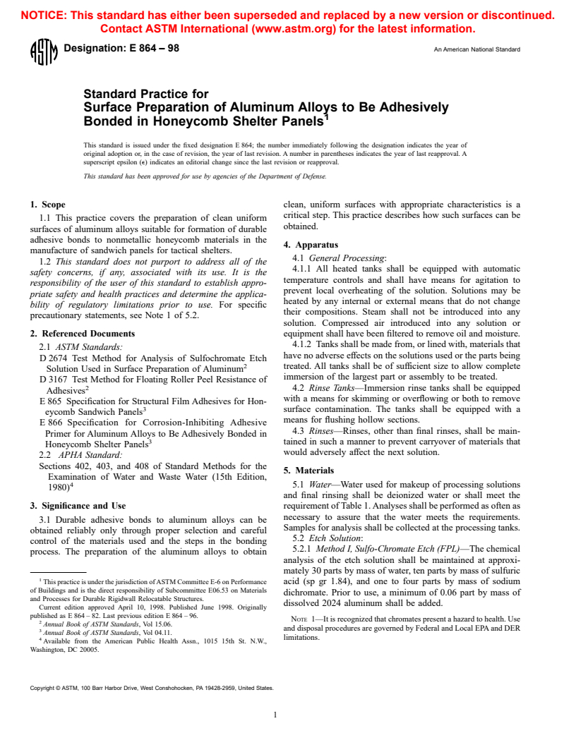 ASTM E864-98 - Standard Practice for Surface Preparation of Aluminum Alloys to be Adhesively Bonded in Honeycomb Shelter Panels