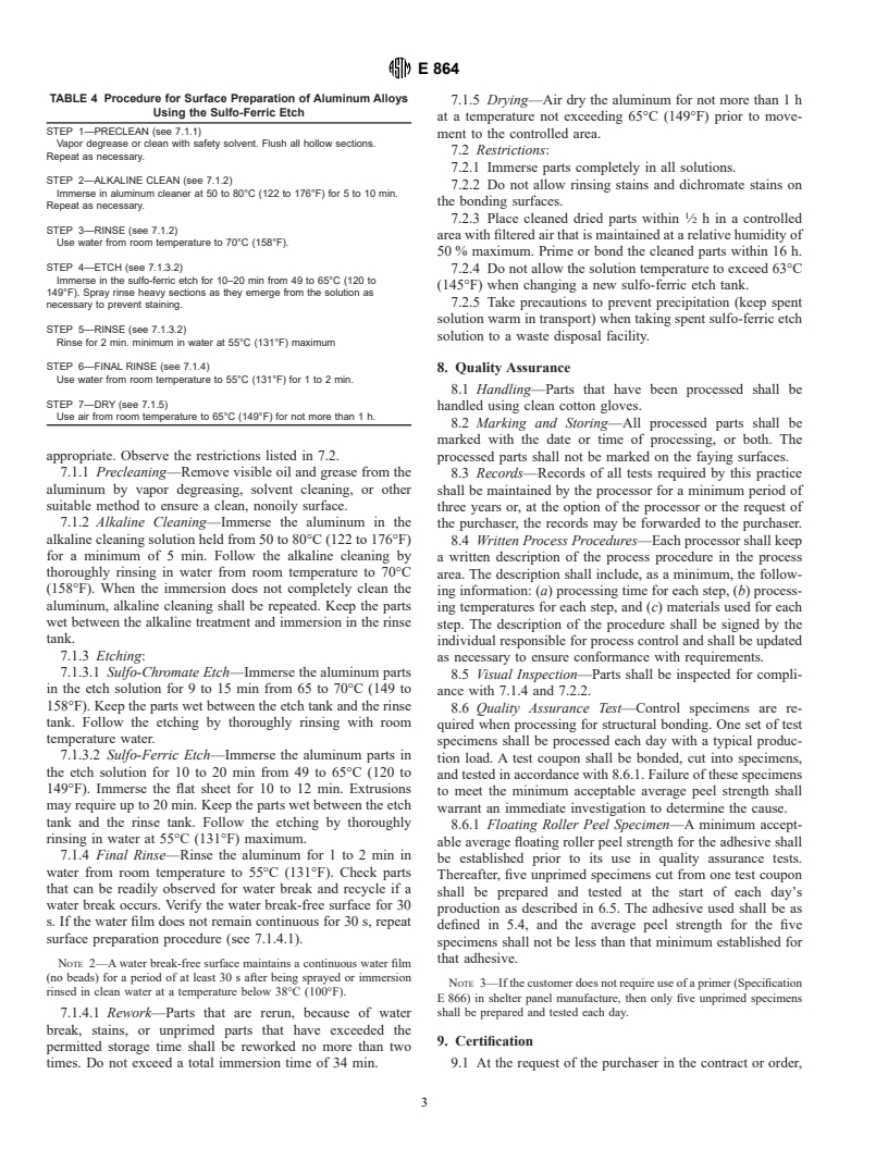 ASTM E864-98 - Standard Practice for Surface Preparation of Aluminum Alloys to be Adhesively Bonded in Honeycomb Shelter Panels