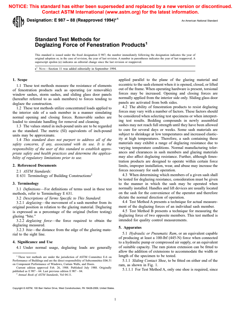 ASTM E987-88(1994)e1 - Standard Test Methods for Deglazing Force of Fenestration Products