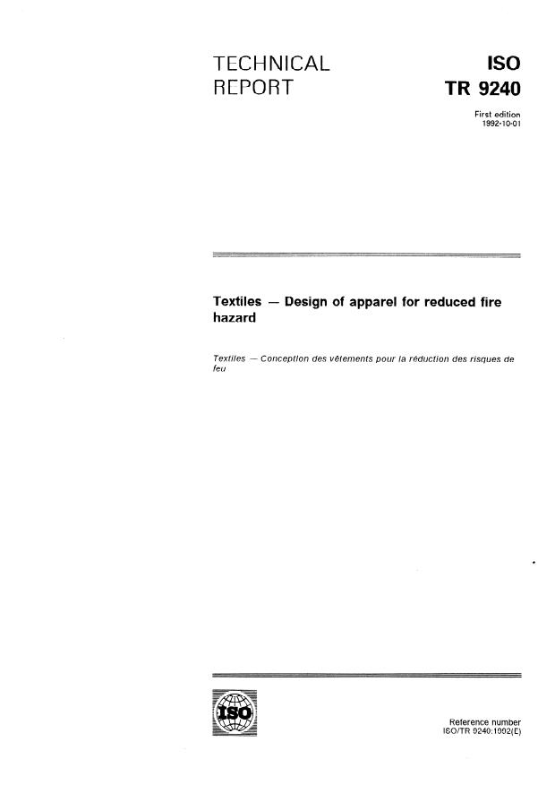 ISO/TR 9240:1992 - Textiles -- Design of apparel for reduced fire hazard