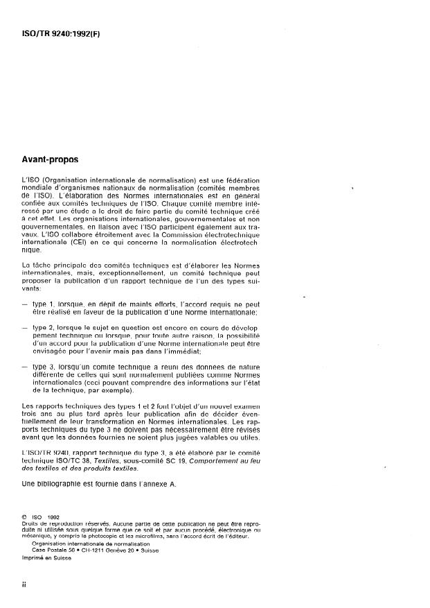 ISO/TR 9240:1992 ISO/TR 9240:1992 - Textiles -- Conception des vetements pour la réduction des risques de feu - Page 2 preview