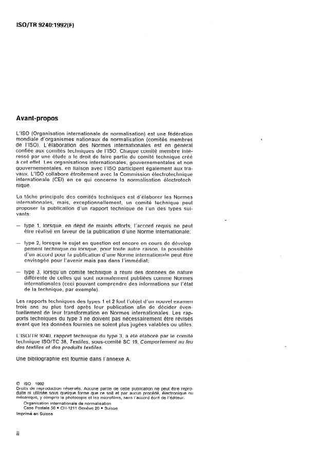 ISO/TR 9240:1992 ISO/TR 9240:1992 - Textiles -- Conception des vetements pour la réduction des risques de feu - Page 2 preview