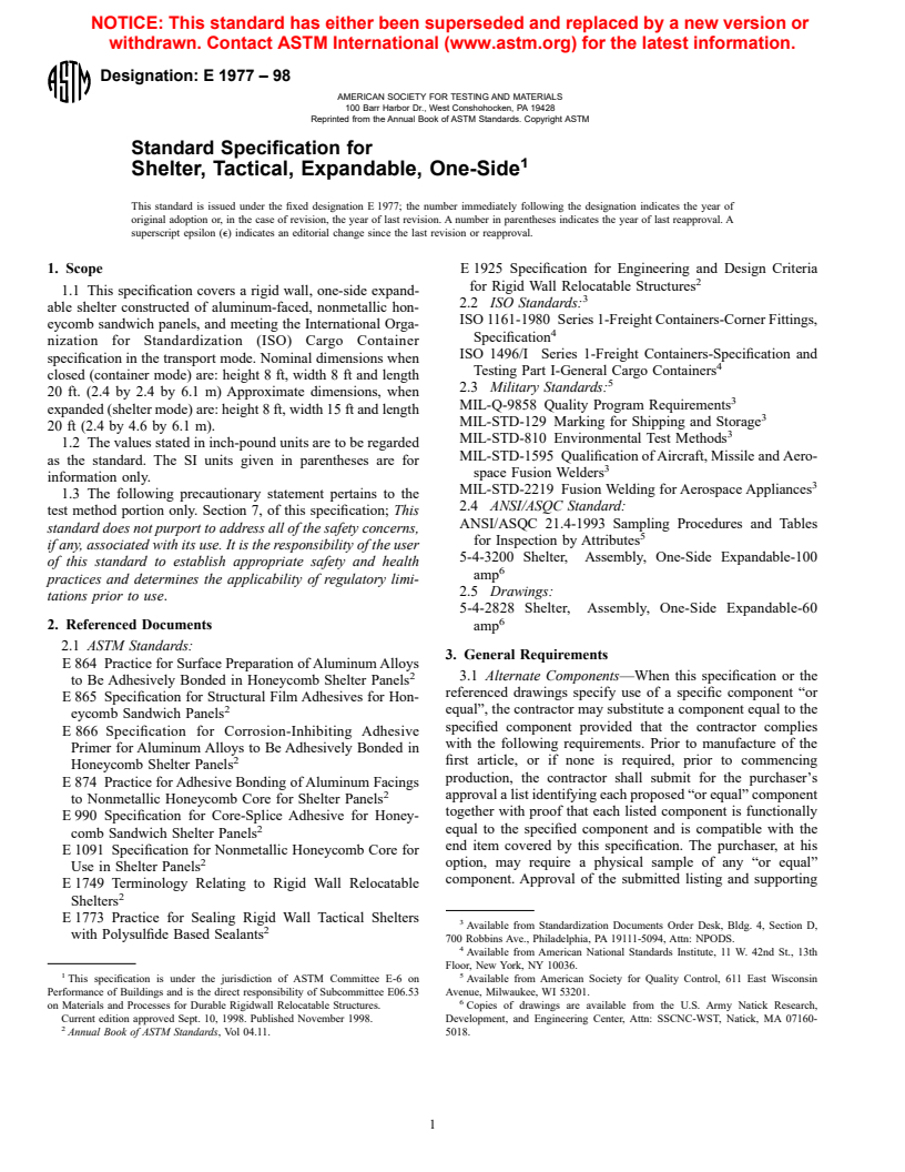 ASTM E1977-98 - Standard Specification for Shelter, Tactical, Expandable, One-Side