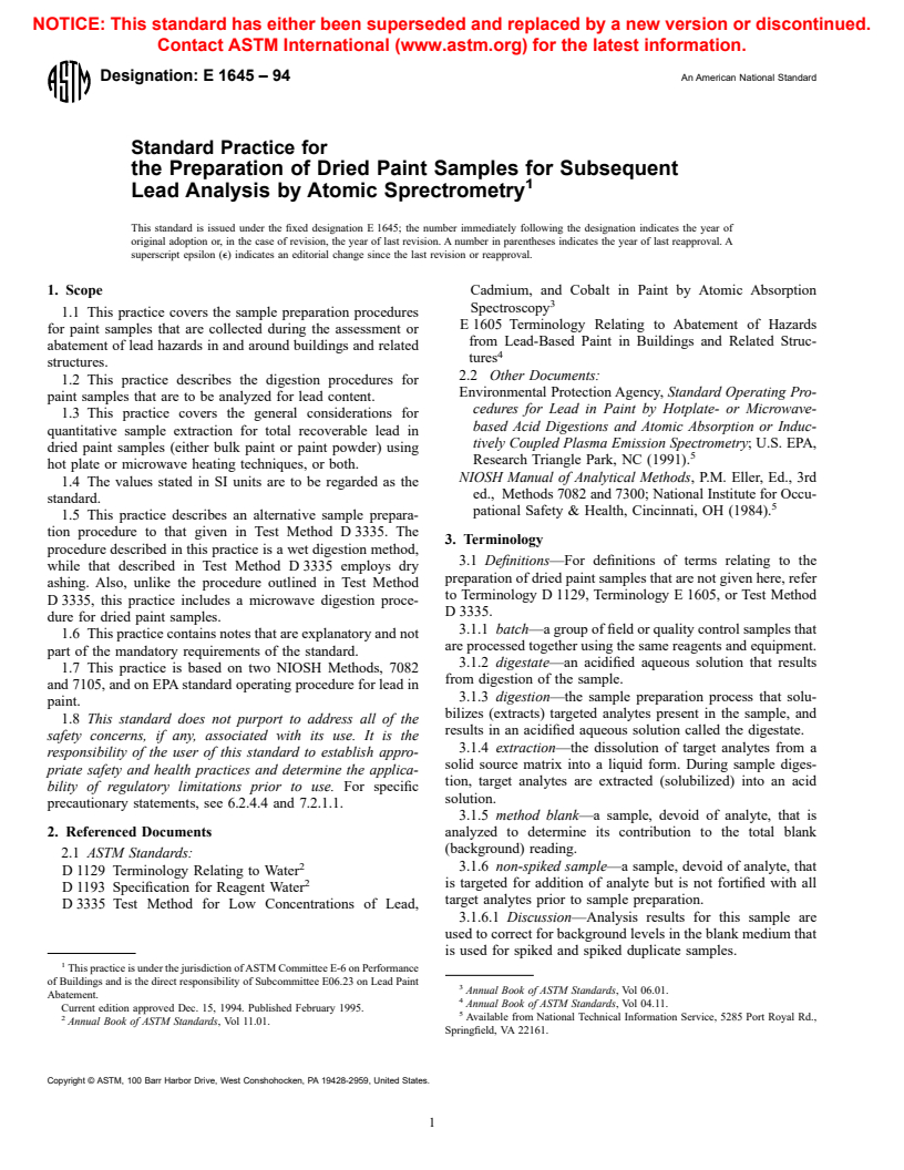 ASTM E1645-94 - Standard Practice for the Preparation of Dried Paint Samples by Hotplate or Microwave Digestion  for Subsequent Lead Analysis