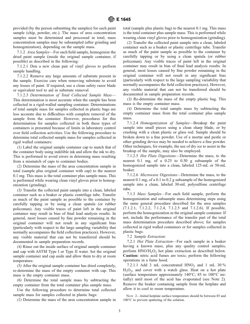 ASTM E1645-94 - Standard Practice for the Preparation of Dried Paint Samples by Hotplate or Microwave Digestion  for Subsequent Lead Analysis