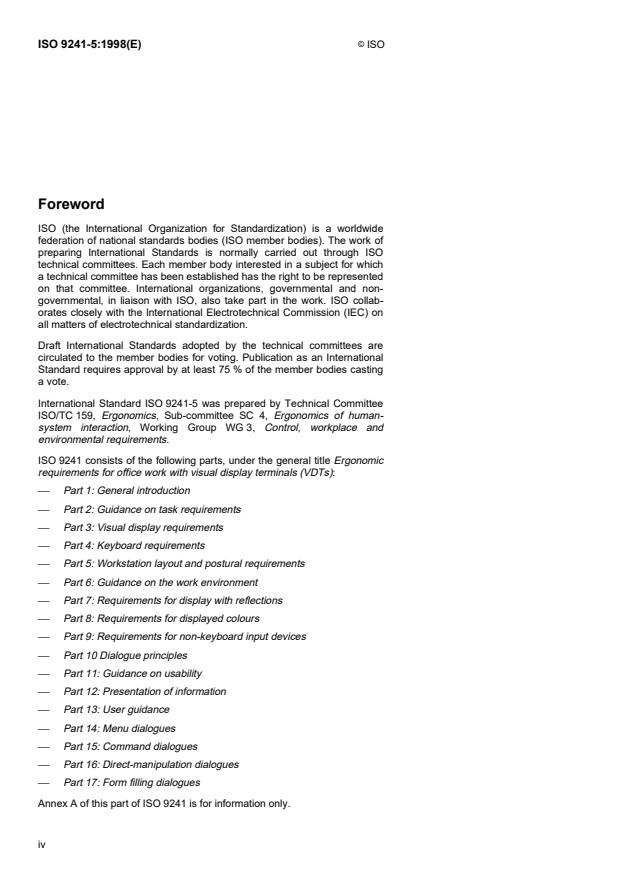 ISO 9241-5:1998 ISO 9241-5:1998 - Ergonomic requirements for office work with visual display terminals (VDTs) - Page 4 preview