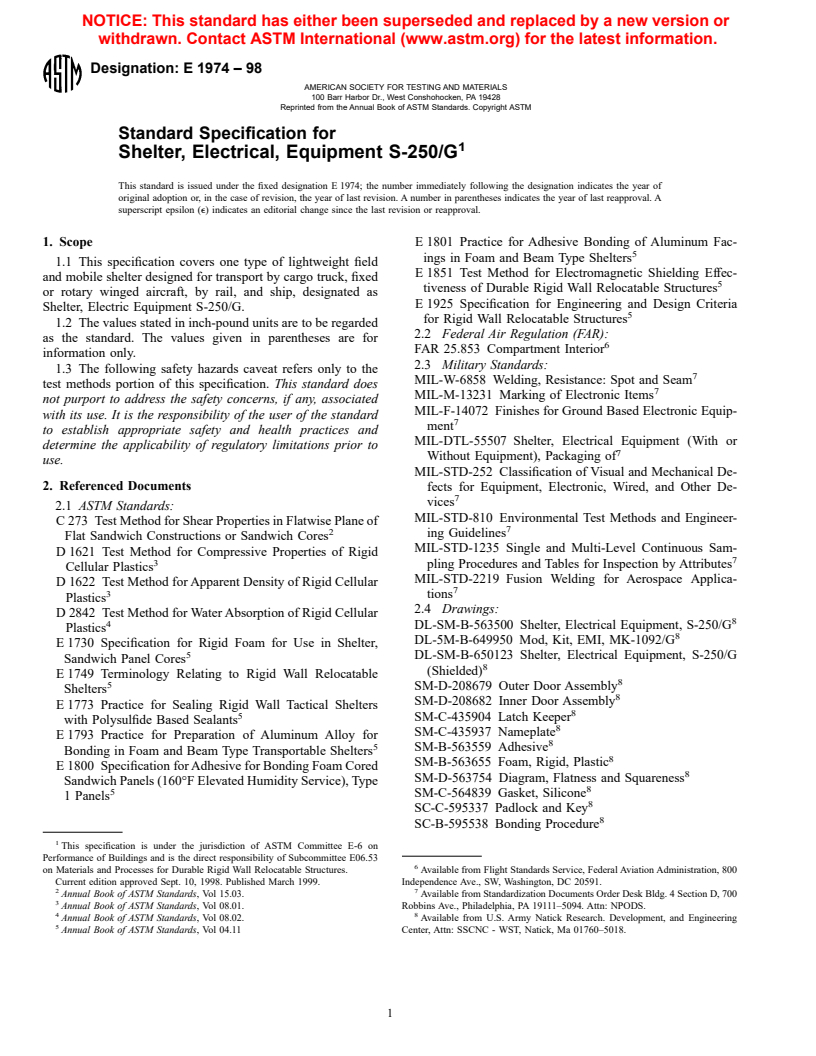 ASTM E1974-98 - Standard Specification for Shelter, Electrical, Equipment S-250/G