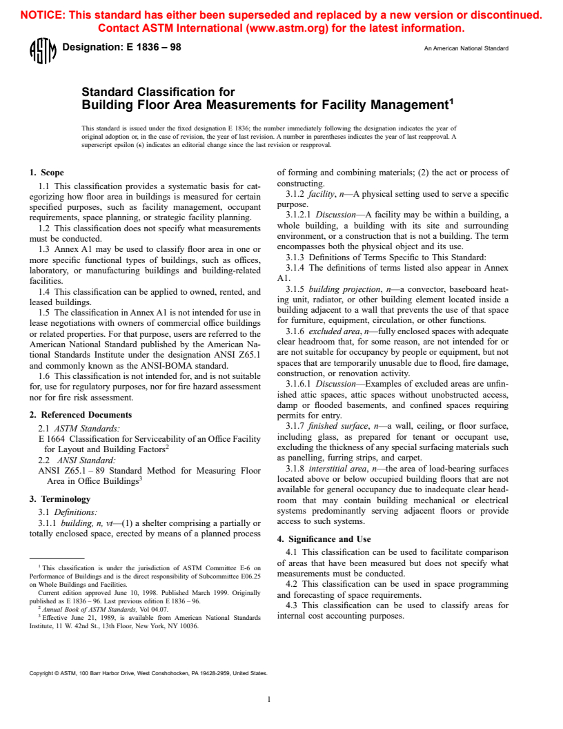 ASTM E1836-98 - Standard Classification for Building Floor Area Measurements for Facility Management