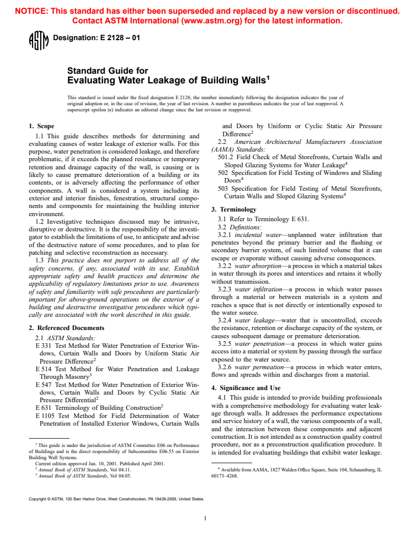 ASTM E2128-01 - Standard Guide for Evaluating Water Leakage of Building Walls