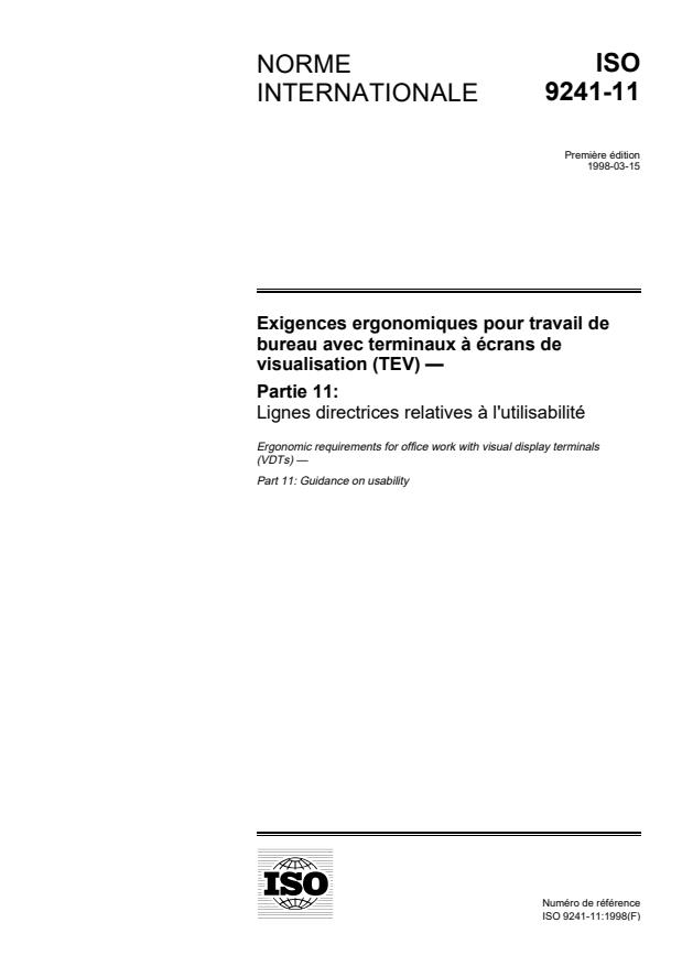 ISO 9241-11:1998 - Exigences ergonomiques pour travail de bureau avec terminaux a écrans de visualisation (TEV)