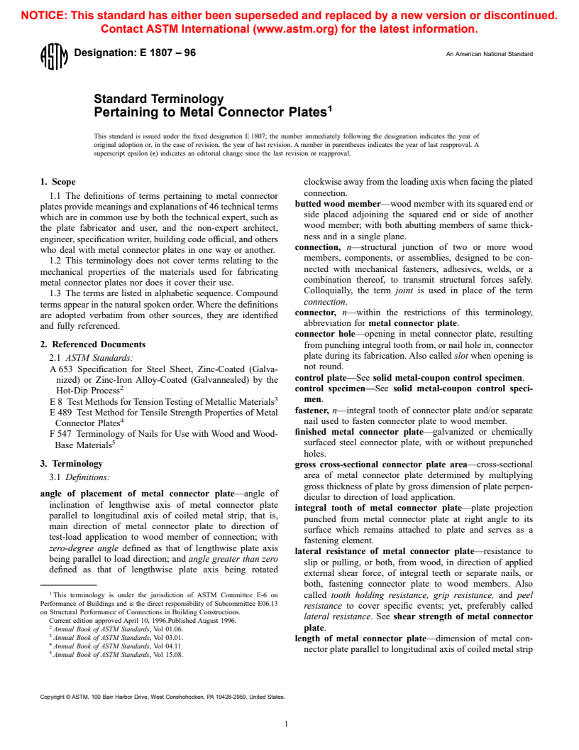 ASTM E1807-96 - Standard Terminology Pertaining to Metal Connector Plates