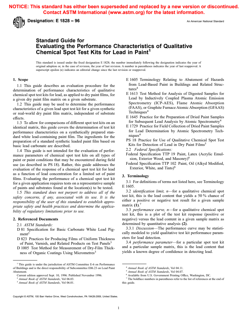 ASTM E1828-96 - Standard Practice for Evaluating the Performance Characteristics of Qualitative Chemical Spot Test Kits for Lead in Paint