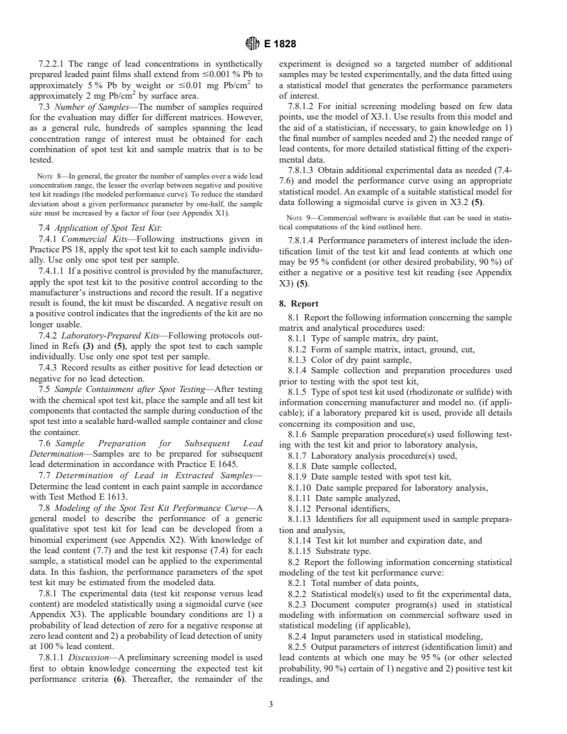 ASTM E1828-96 - Standard Practice for Evaluating the Performance Characteristics of Qualitative Chemical Spot Test Kits for Lead in Paint