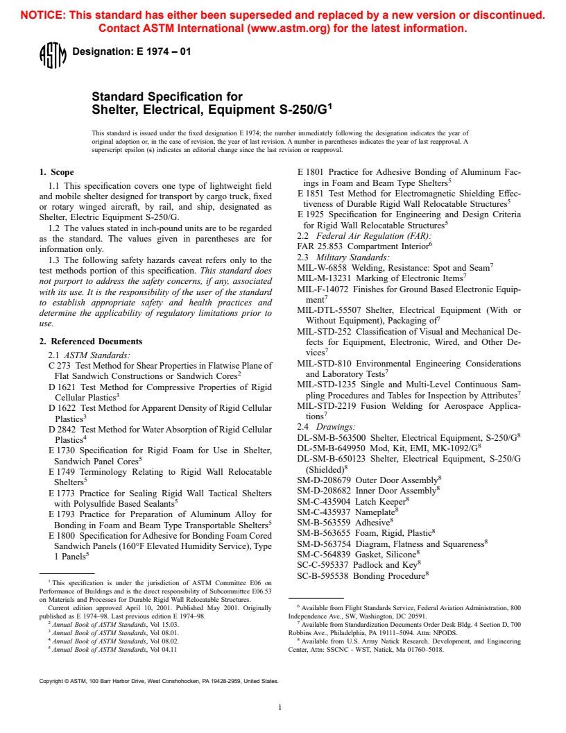 ASTM E1974-01 - Standard Specification for Shelter, Electrical, Equipment S-250/G