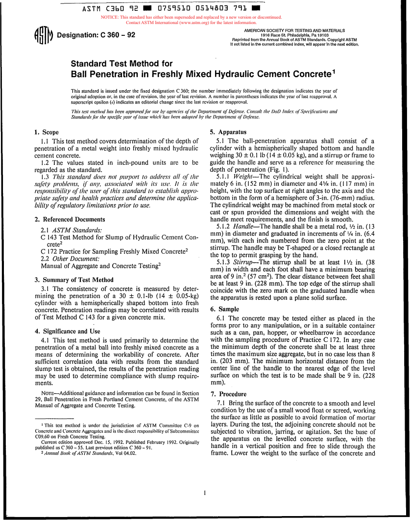 ASTM C360-92 - Test Method for Ball Penetration in Freshly Mixed Hydraulic Cement Concrete (Withdrawn 1999)