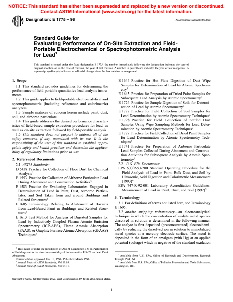 ASTM E1775-96 - Standard Guide for Evaluating Performance of On-Site Extraction and Field-Portable Electrochemical or Spectrophotometric Analysis for Lead