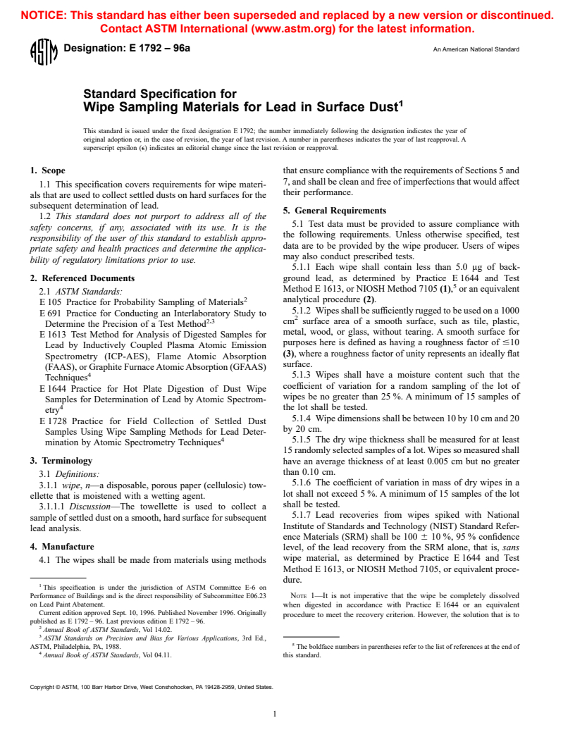 ASTM E1792-96a - Standard Specification for Wipe Sampling Materials for Lead in Surface Dust