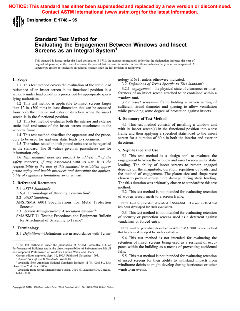 ASTM E1748-95 - Standard Test Method for Evaluating the Engagement Between Windows and Insect Screens as an Integral System