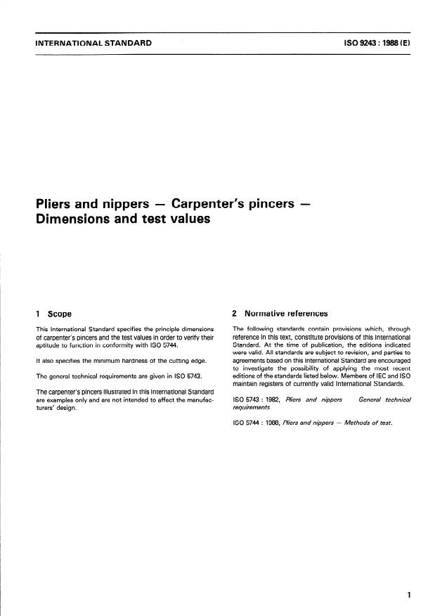 ISO 9243:1988 ISO 9243:1988 - Pliers and nippers -- Carpenter's pincers -- Dimensions and test values - Page 3 preview