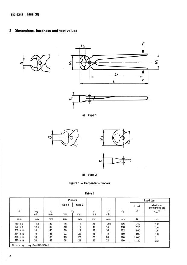 ISO 9243:1988 ISO 9243:1988 - Pliers and nippers -- Carpenter's pincers -- Dimensions and test values - Page 4 preview