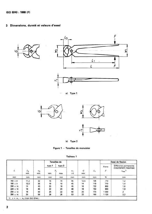 ISO 9243:1988 ISO 9243:1988 - Pinces et tenailles -- Tenailles de menuisier -- Dimensions et valeurs d'essai - Page 4 preview
