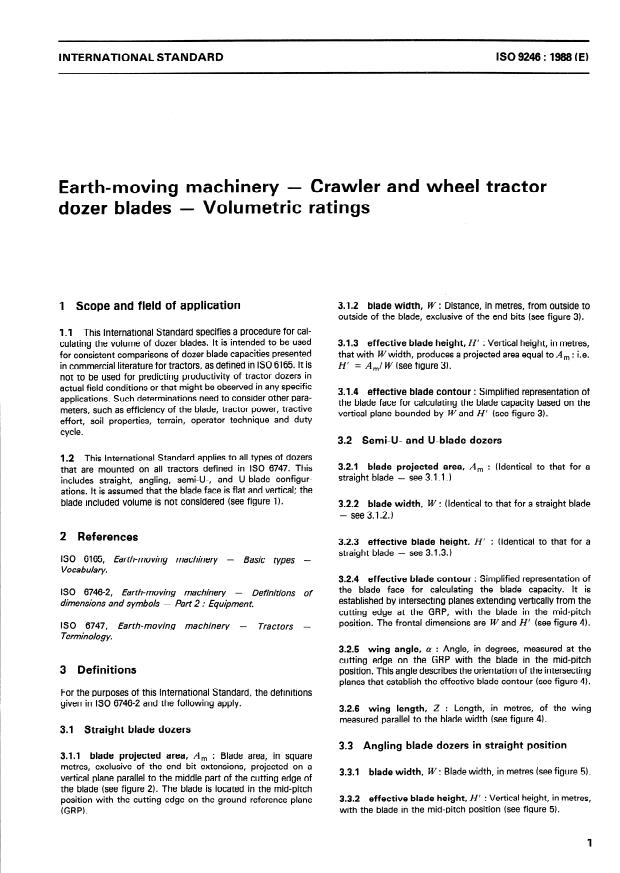ISO 9246:1988 - Earth-moving machinery -- Crawler and wheel tractor dozer blades -- Volumetric ratings