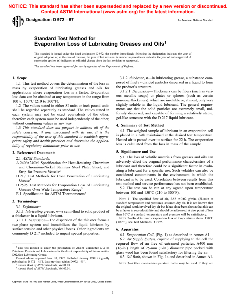 ASTM D972-97 - Standard Test Method for Evaporation Loss of Lubricating Greases and Oils