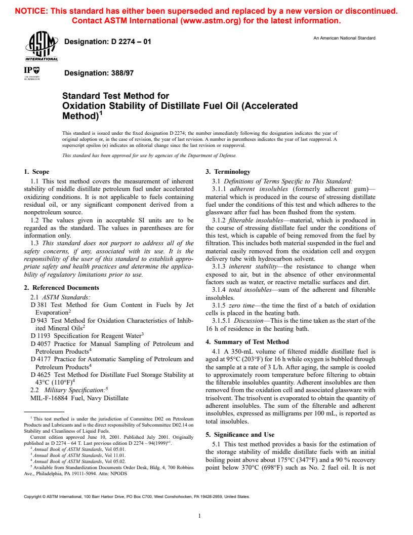 ASTM D2274-01 - Standard Test Method for Oxidation Stability of Distillate Fuel Oil (Accelerated Method)