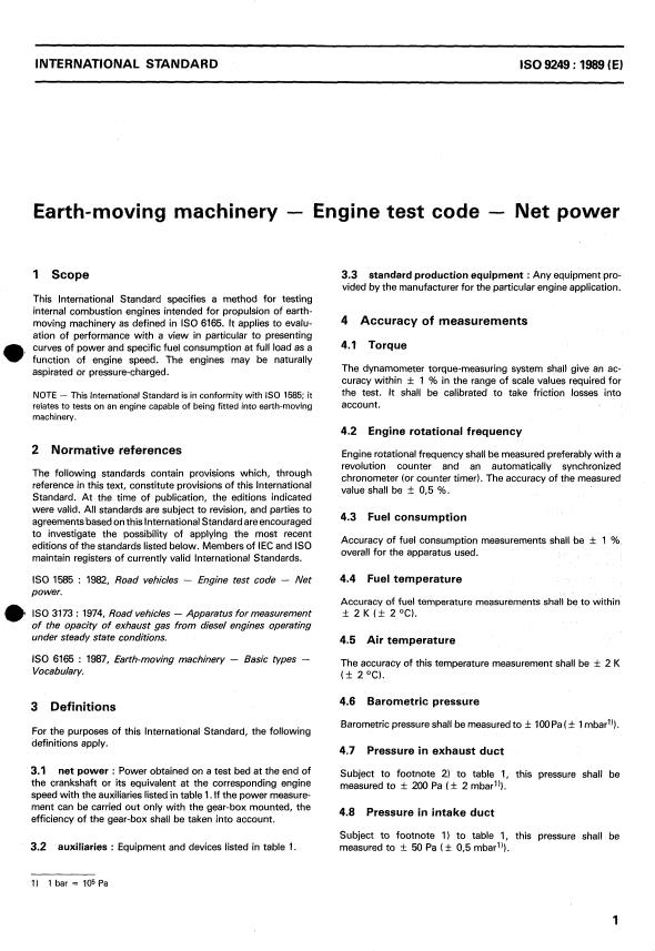 ISO 9249:1989 - Earth-moving machinery -- Engine test code -- Net power