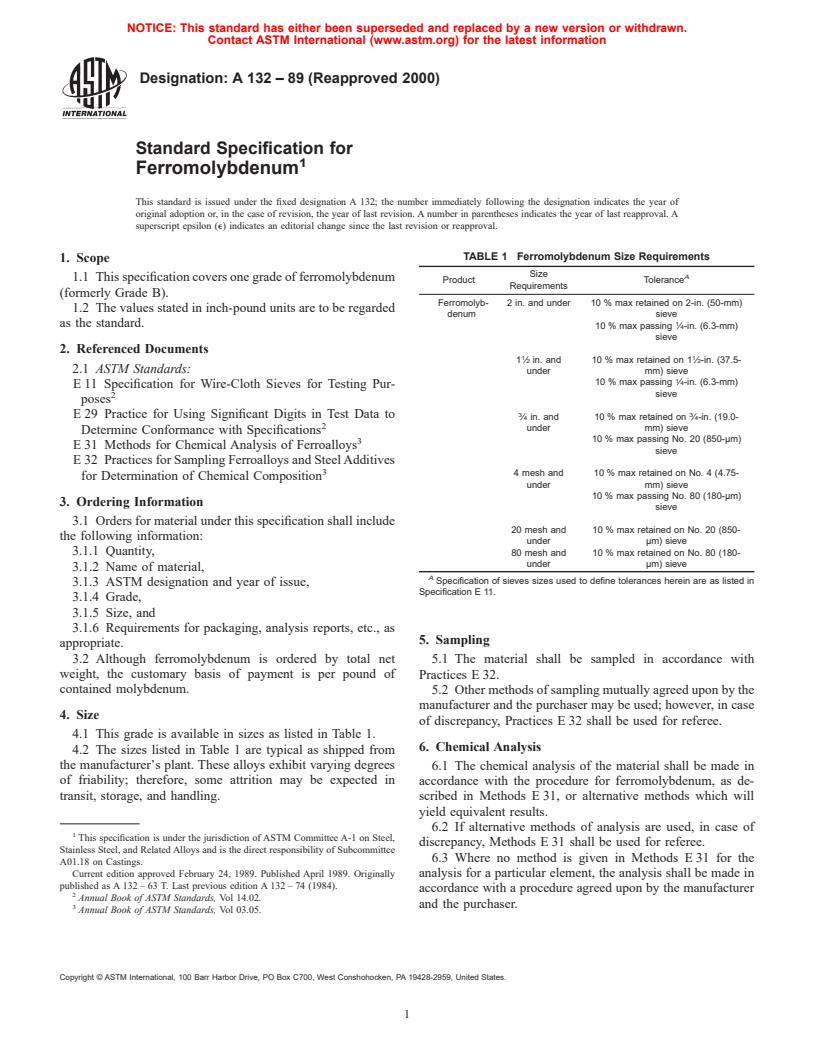 ASTM A132-89(2000) - Standard Specification for Ferromolybdenum