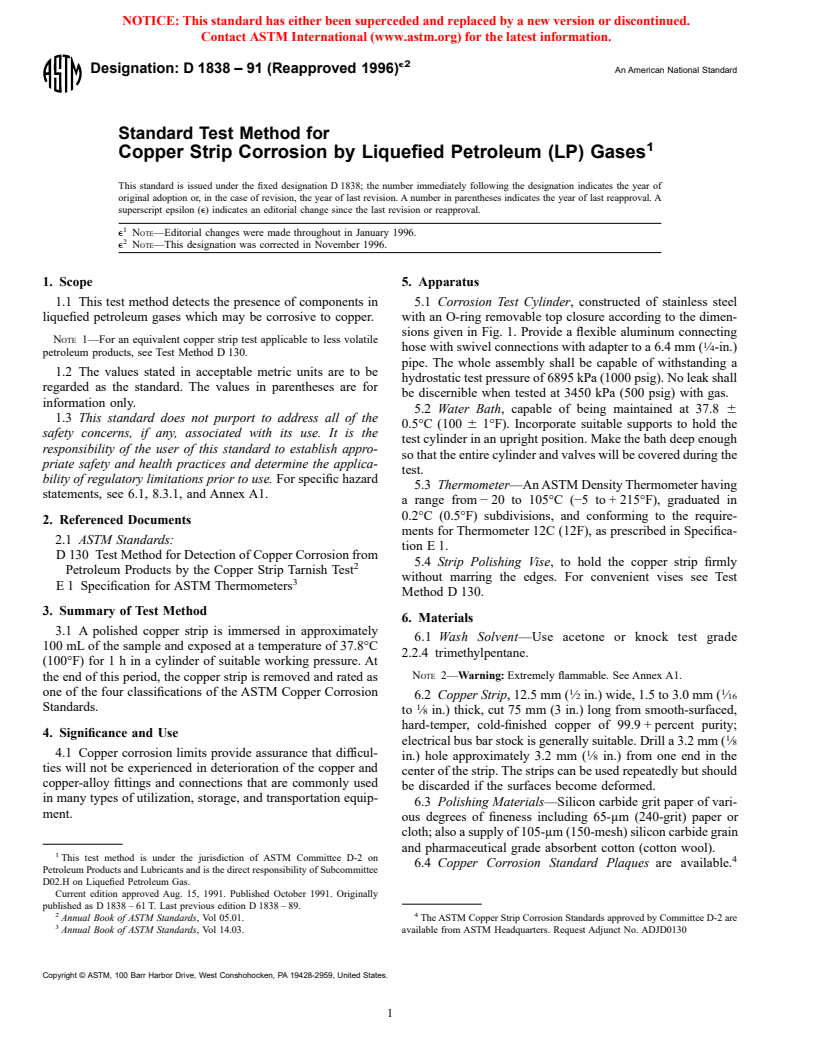 ASTM D1838-91(1996)e2 - Standard Test Method for Copper Strip Corrosion by Liquefied Petroleum (LP) Gases