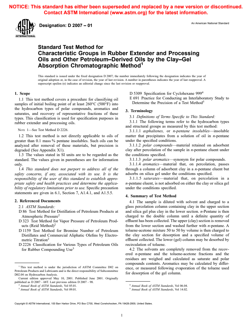 ASTM D2007-01 - Standard Test Method for Characteristic Groups in Rubber Extender and Processing Oils and Other Petroleum-Derived Oils by the Clay&#8212;Gel Absorption Chromatographic Method