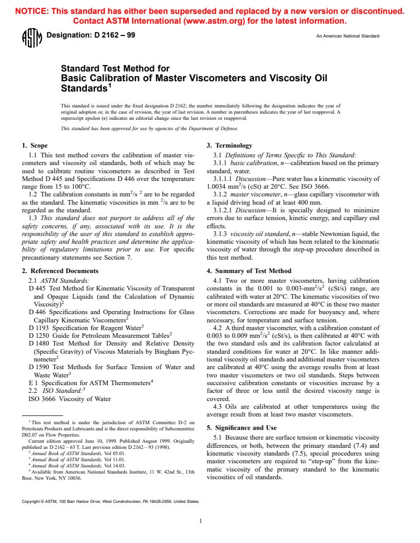 ASTM D2162-99 - Standard Test Method for Basic Calibration of Master Viscometers and Viscosity Oil Standards