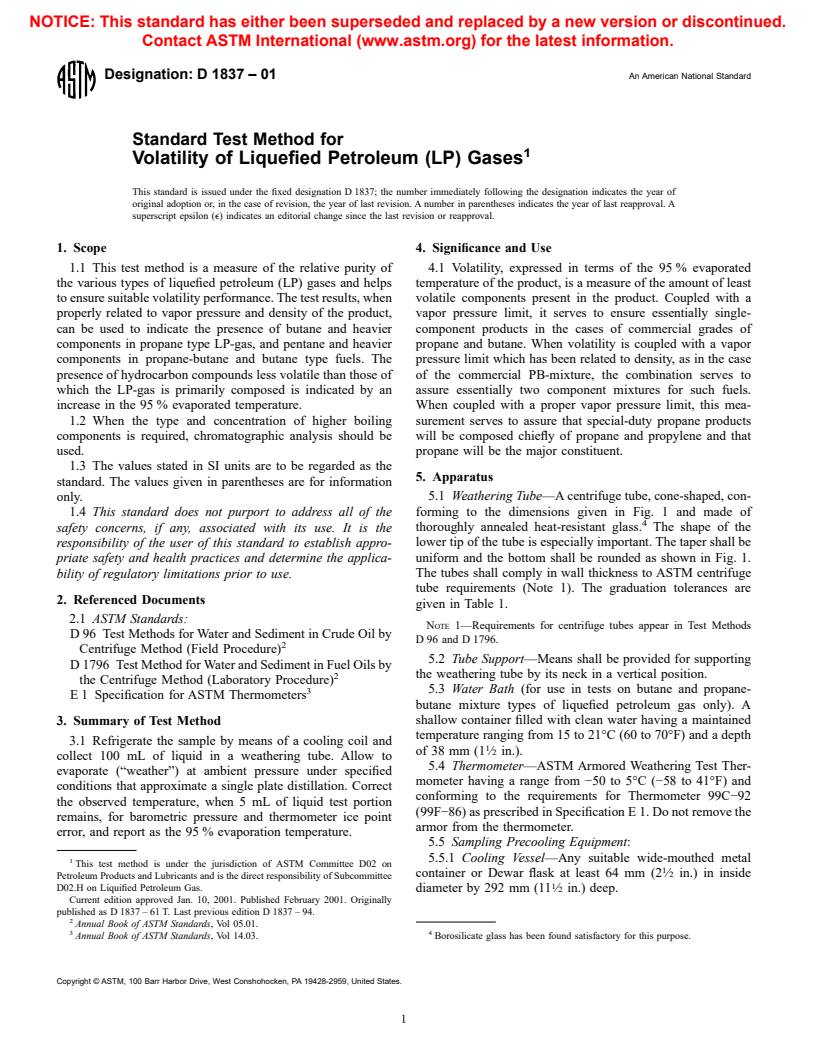 ASTM D1837-01 - Standard Test Method for Volatility of Liquefied Petroleum (LP) Gases