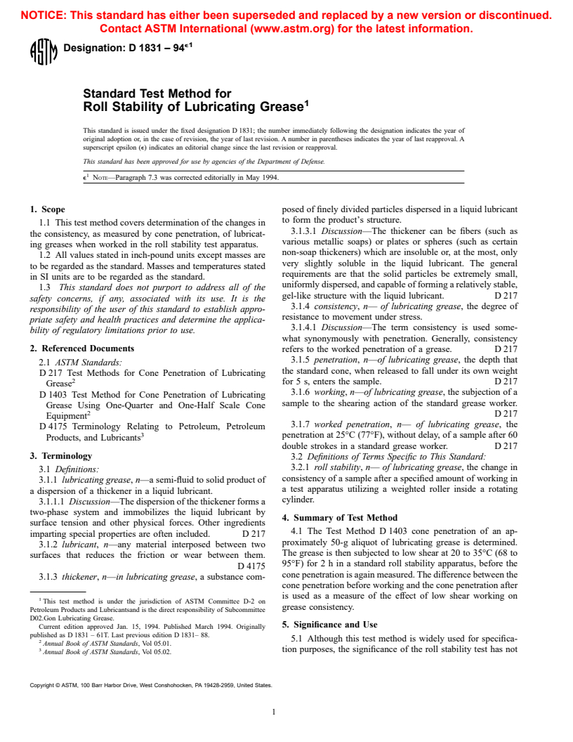 ASTM D1831-94e1 - Standard Test Method for Roll Stability of Lubricating Grease