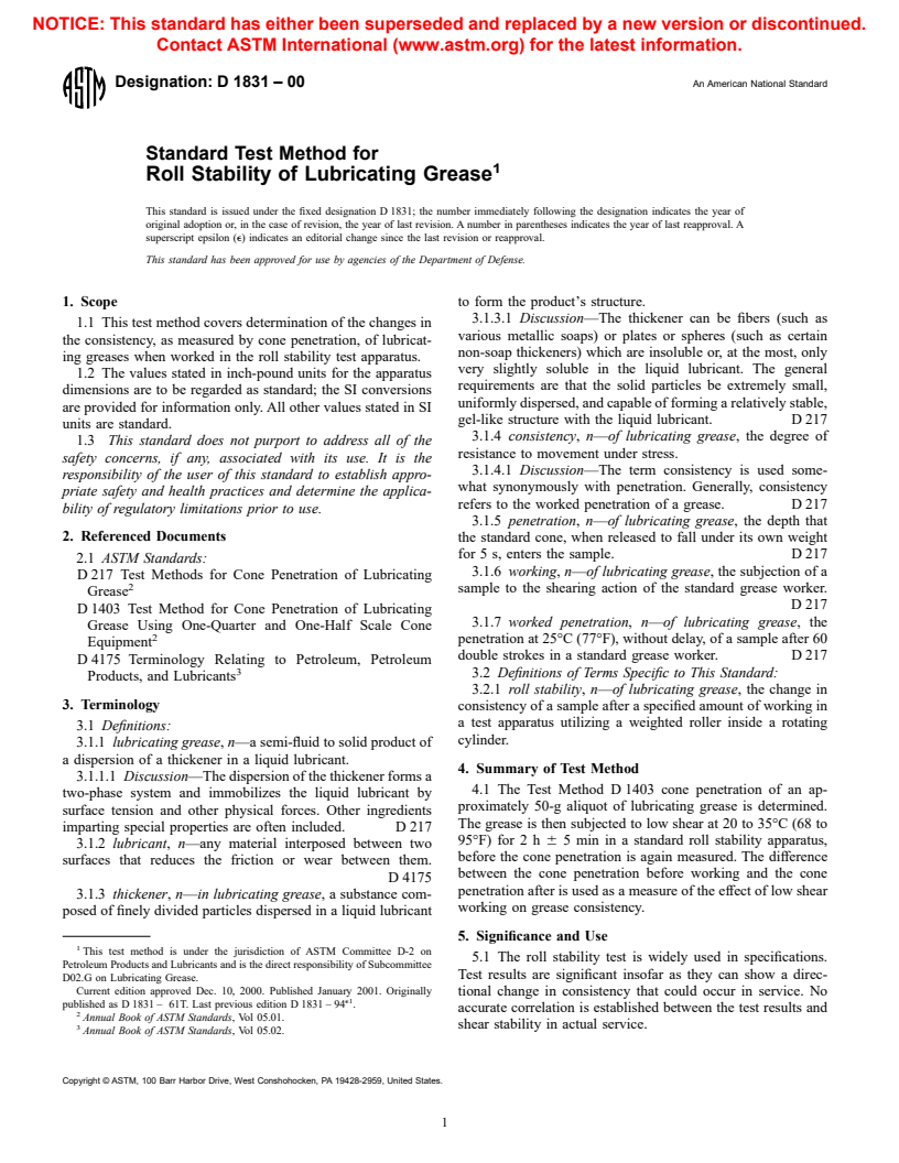 ASTM D1831-00 - Standard Test Method for Roll Stability of Lubricating Grease