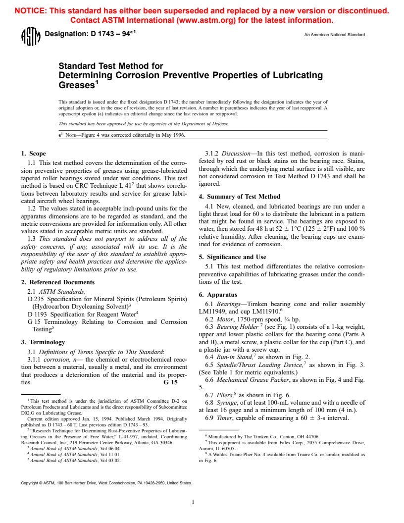 ASTM D1743-94e1 - Standard Test Method for Determining Corrosion Preventive Properties of Lubricating Greases