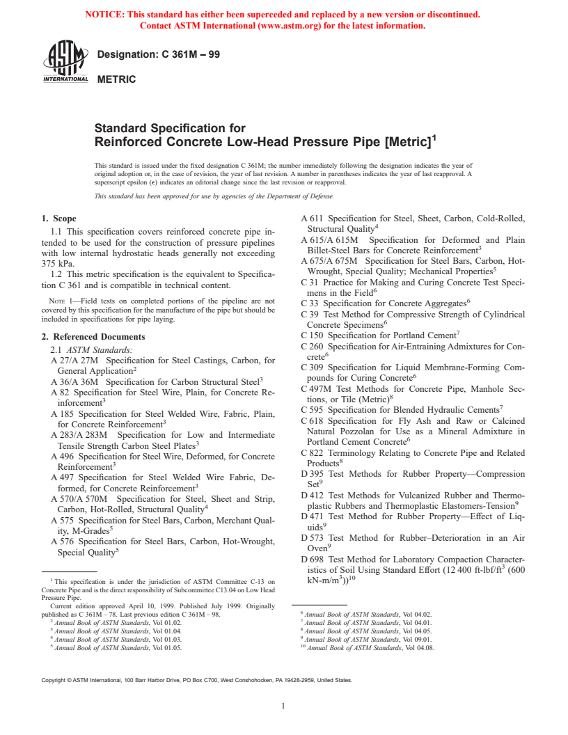 ASTM C361M-99 - Standard Specification for Reinforced Concrete Low-Head Pressure Pipe (Metric)