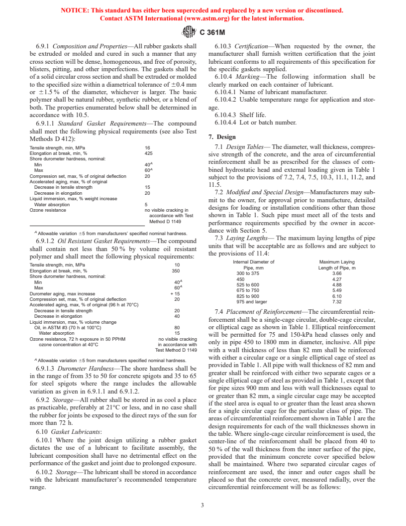 ASTM C361M-99 - Standard Specification for Reinforced Concrete Low-Head Pressure Pipe (Metric)