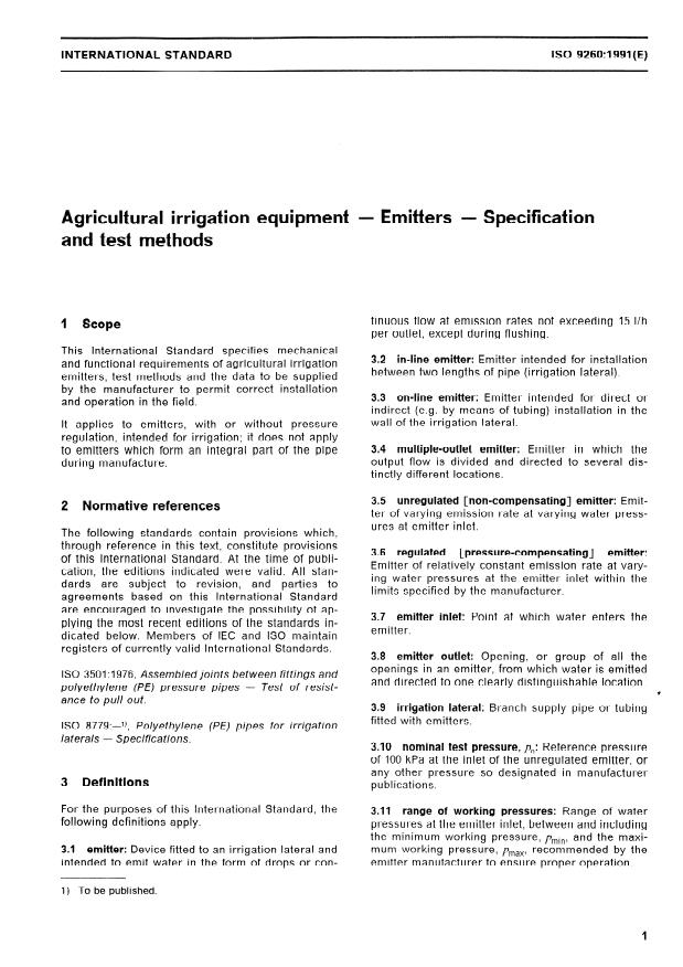 ISO 9260:1991 - Agricultural irrigation equipment -- Emitters -- Specification and test methods