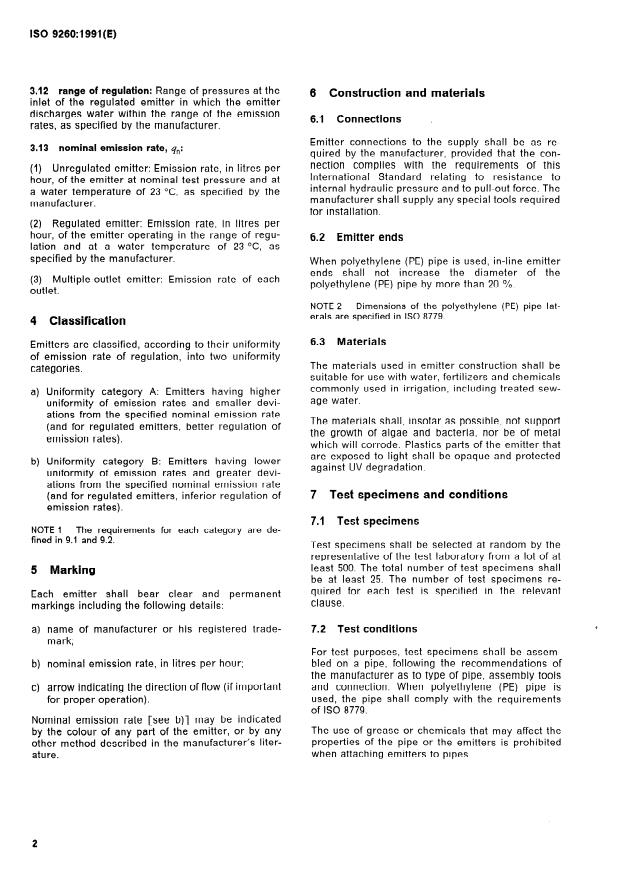 ISO 9260:1991 ISO 9260:1991 - Agricultural irrigation equipment -- Emitters -- Specification and test methods - Page 4 preview
