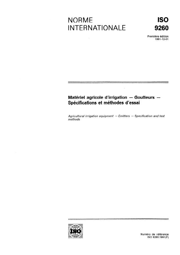 ISO 9260:1991 - Matériel agricole d'irrigation -- Goutteurs -- Spécifications et méthodes d'essai