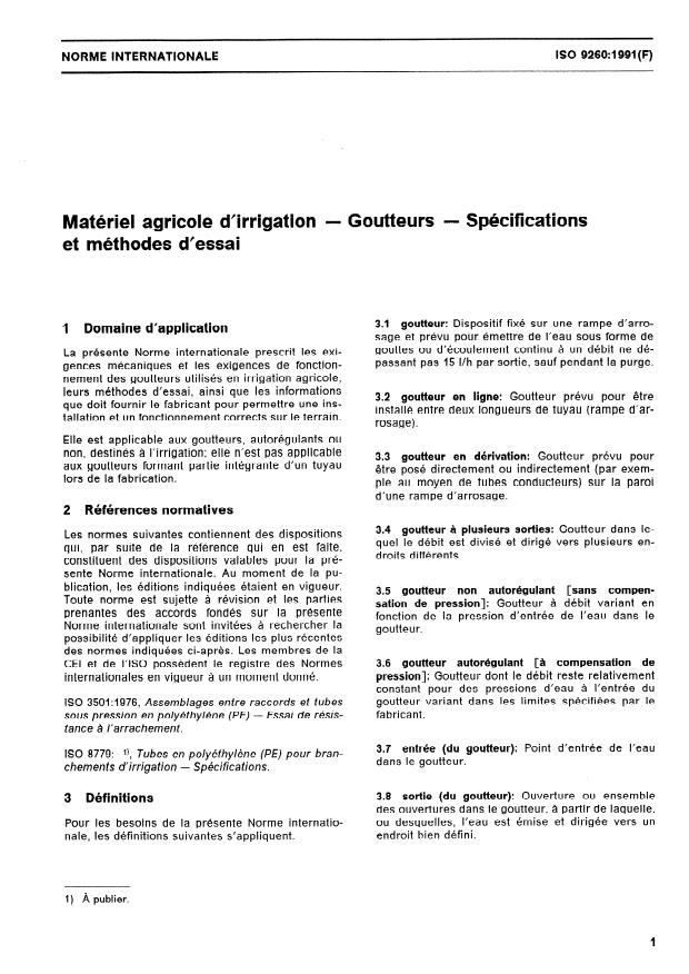 ISO 9260:1991 - Matériel agricole d'irrigation -- Goutteurs -- Spécifications et méthodes d'essai