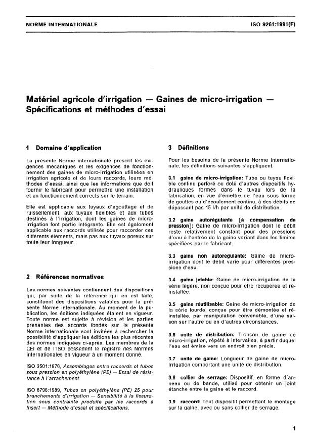 ISO 9261:1991 - Matériel agricole d'irrigation -- Gaines de micro-irrigation -- Spécifications et méthodes d'essai