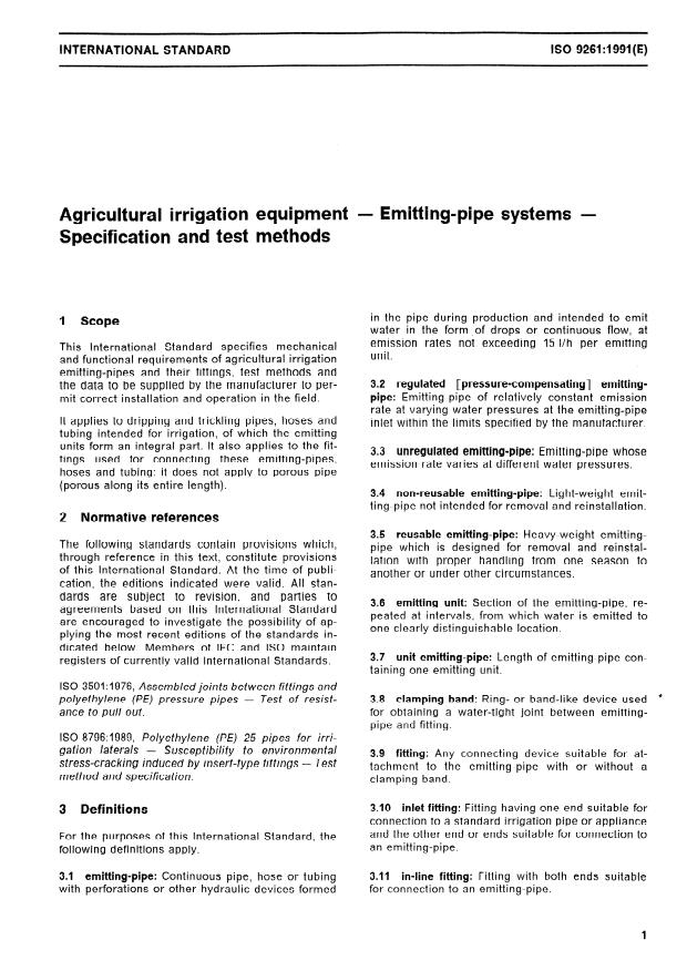 ISO 9261:1991 - Agricultural irrigation equipment -- Emitting-pipe systems -- Specification and test methods