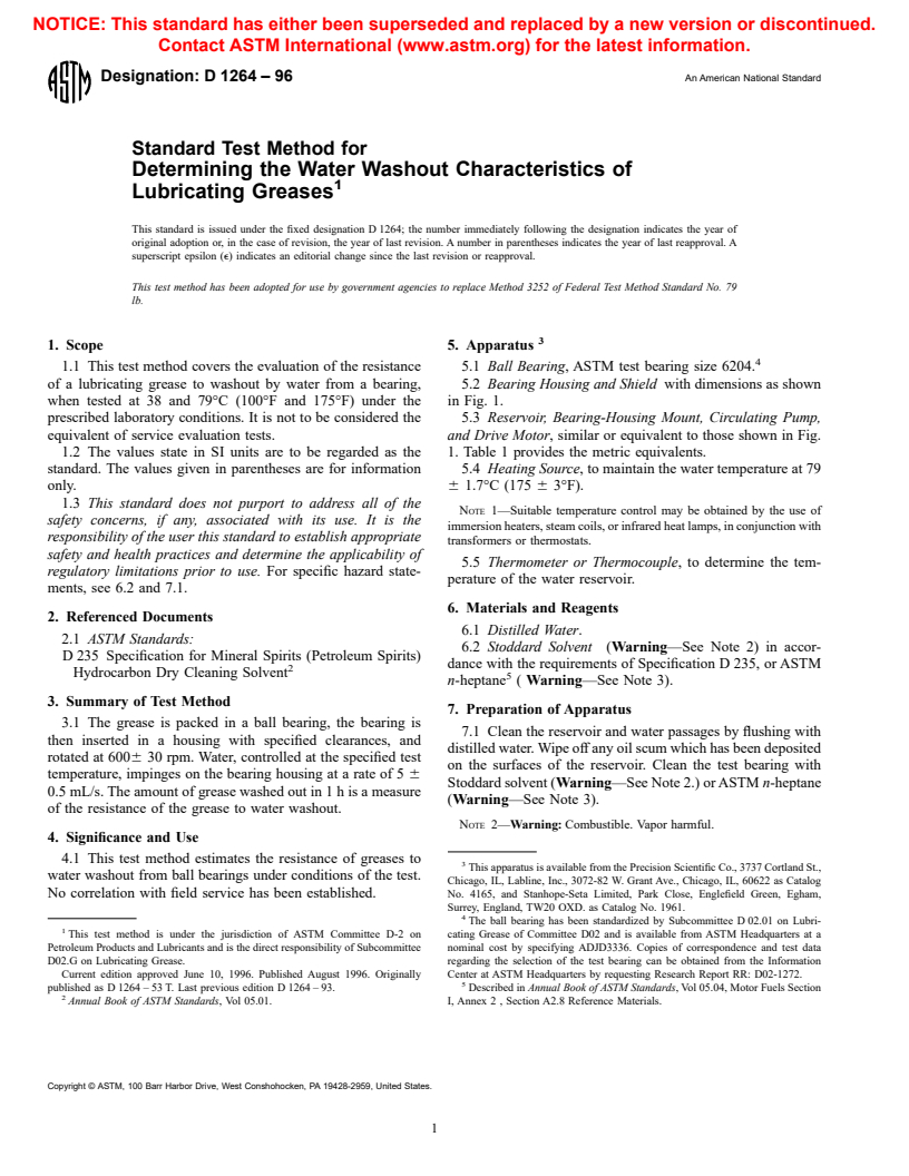 ASTM D1264-96 - Standard Test Method for Determining the Water Washout Characteristics of Lubricating Greases